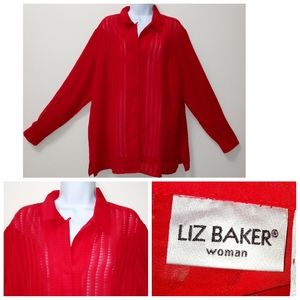 LIZ BAKER SHEER TOP BUTTONS UP LONG SLEEVE 100% POLYESTER RED PLUS SIZE 20W